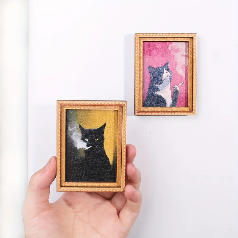 Vintage Magnetic Photo Frame - Wooden Cat Art Oil Painting Style Fridge Magnet