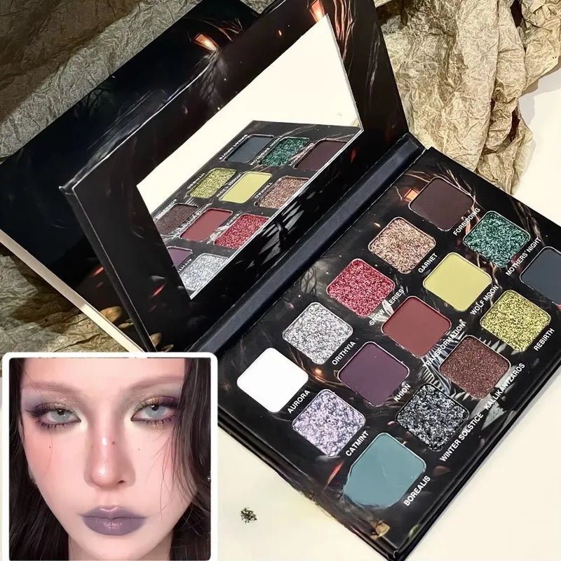 15-Color Matte Shimmer Glitter Waterproof Eyeshadow Palette for Halloween & Smoky Looks