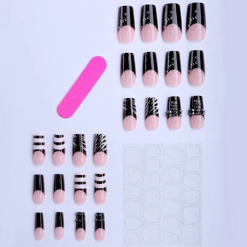 24PCS Gothic Punk Style Fake Nails with Black White Strip Coffin Shape Press-On Nails