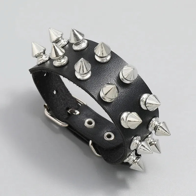 Goth Leather Wristband for Men Women - Spike Studded Adjustable Cuff Bracelet