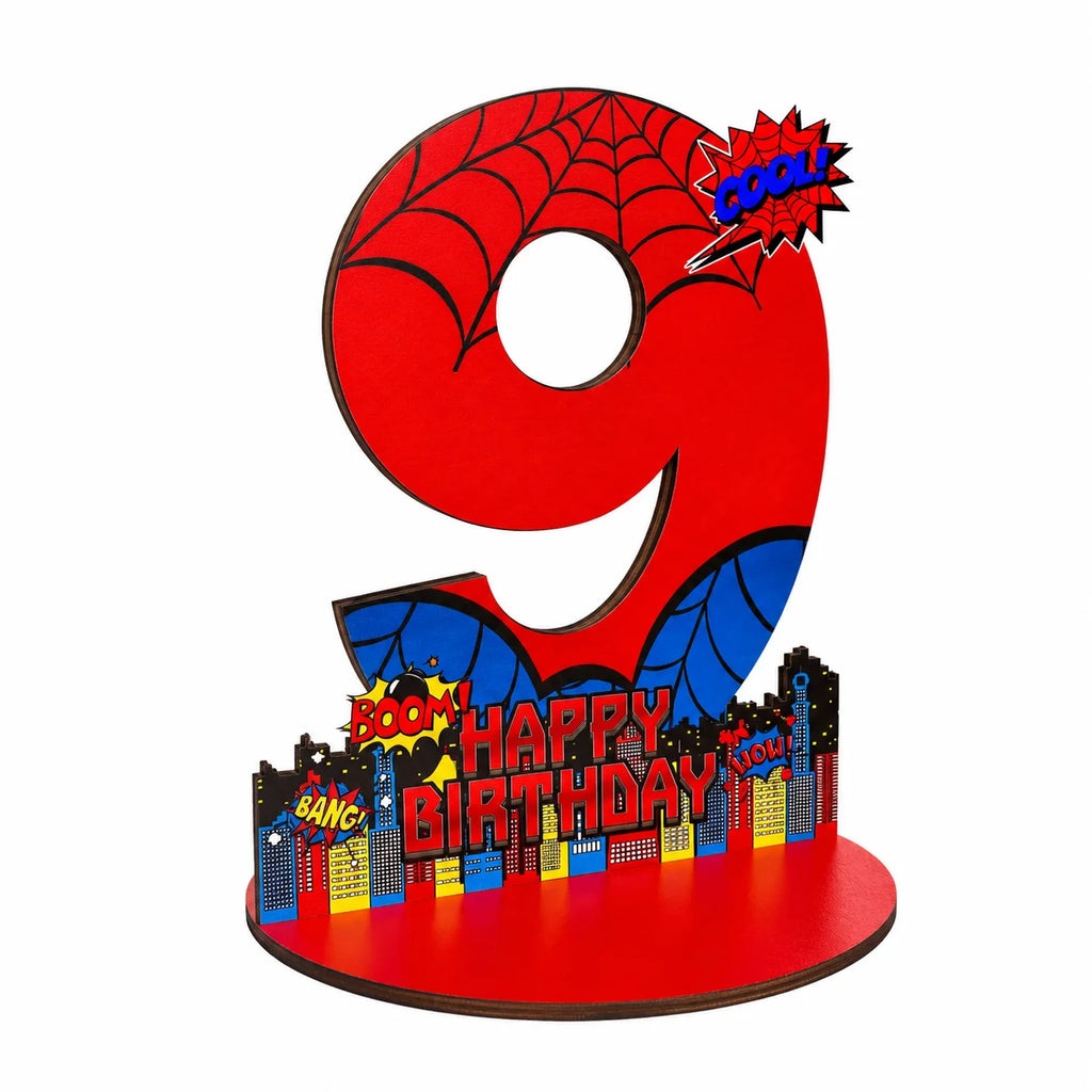 Spider Theme Birthday Number Sign Centerpiece Wooden Table Decor Photo Prop
