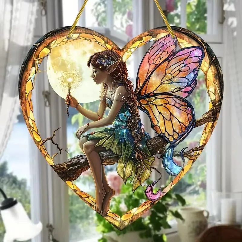 Fairy Night Suncatcher Wall Hanging - Heart Shaped Stained Glass Acrylic Decor