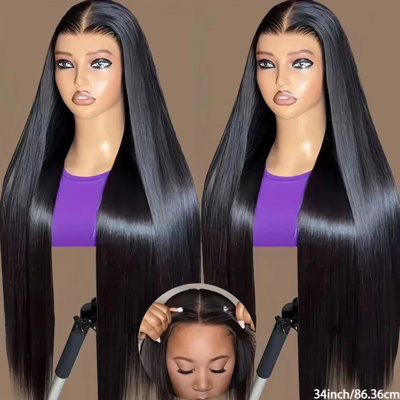 Pre Plucked 40 Inch Human Hair Wigs with Lace Frontal & Baby Hair, Glueless, Bone Straight