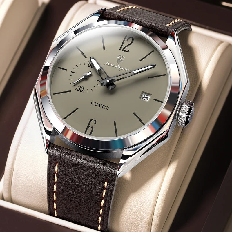 Men's Waterproof Leather Quartz Watch with Luminous Dial and Date - Business Style