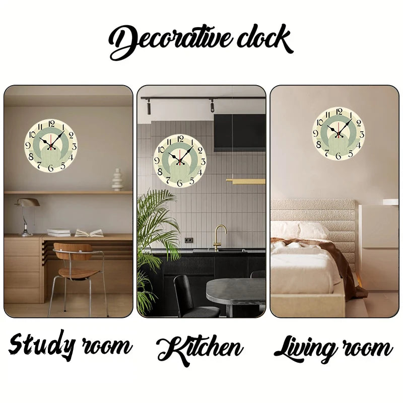 Wooden Wall Clock - Green & Beige Round Silent Hanging Home Decor