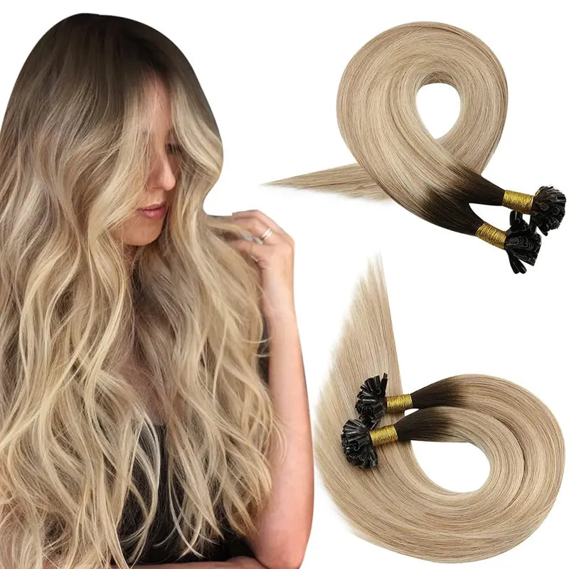 U Tip Hair Extensions - 100% Human Remy Blonde Brazilian Hair, Multiple Lengths & Quantities