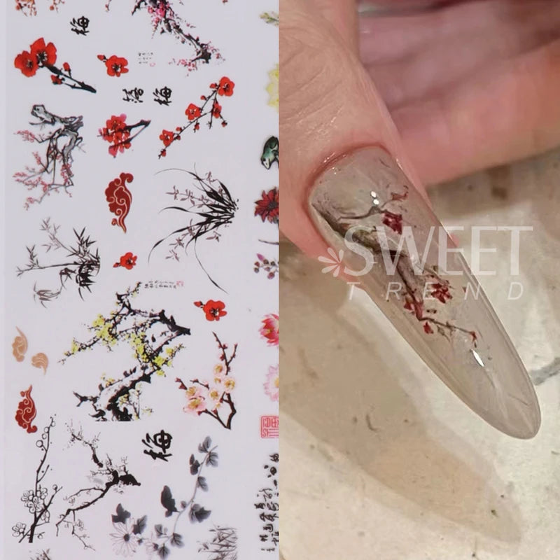 Nail Foils 10pcs Chinese Character Crane Bamboo Flower Plum Design, Transfer Stickers for Nail Art