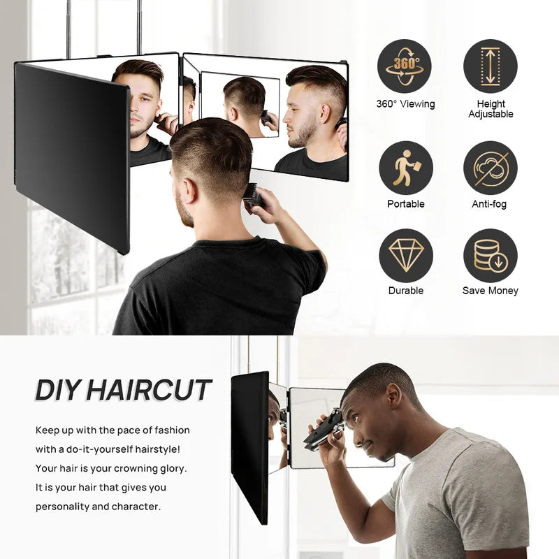 3-Way LED Trifold Mirror with Lighting for Haircut and Styling - 360° View