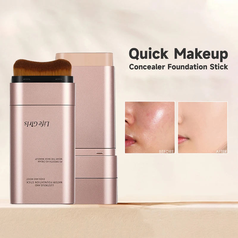 Watery Double-Headed Foundation Stick with Brush - Natural Long-Lasting Face Makeup