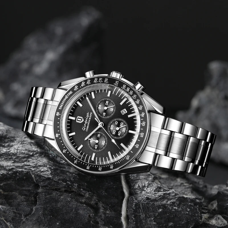 Men's Waterproof Quartz Watch with Luminous Dial and Stainless Steel Band