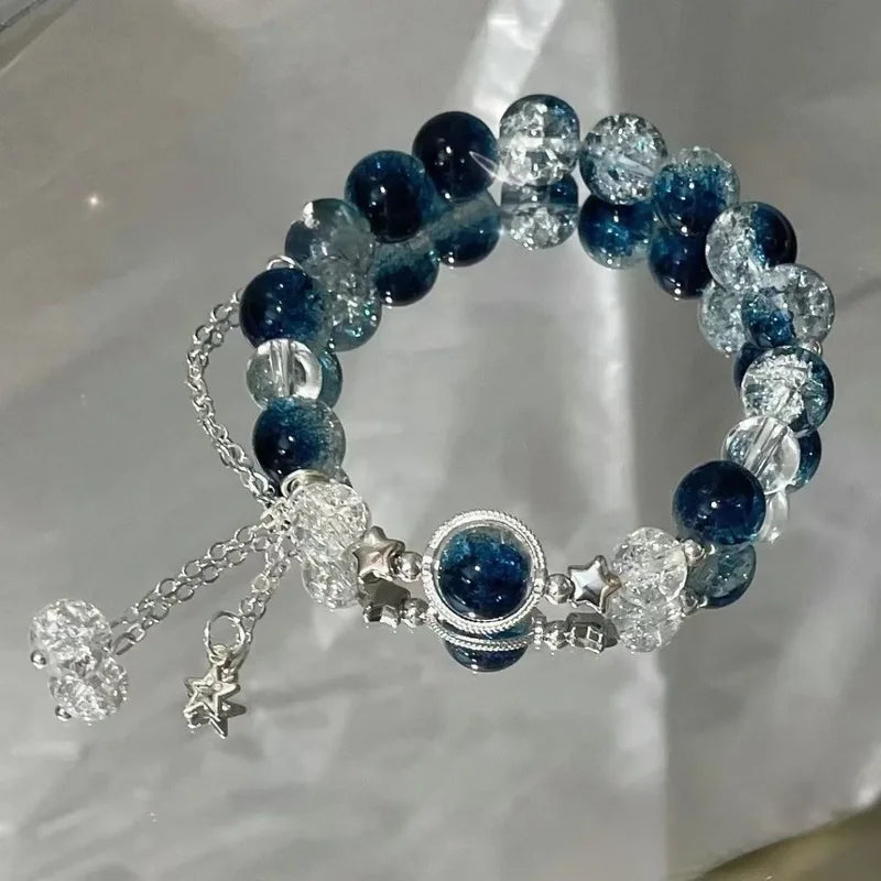 Star Chain Tassel Bracelet for Women Fantasy Blue Crystal Beads Elastic Jewelry Gift