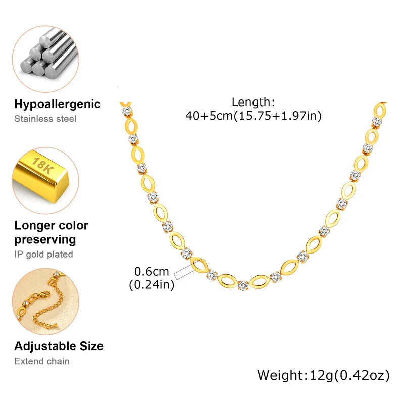 Gold Color White Zircon Hollow Oval Chain Necklace for Women