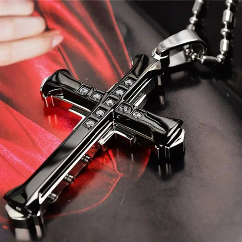 Men's Crystal Cross Pendant Necklace Stainless Steel Jewelry 2024