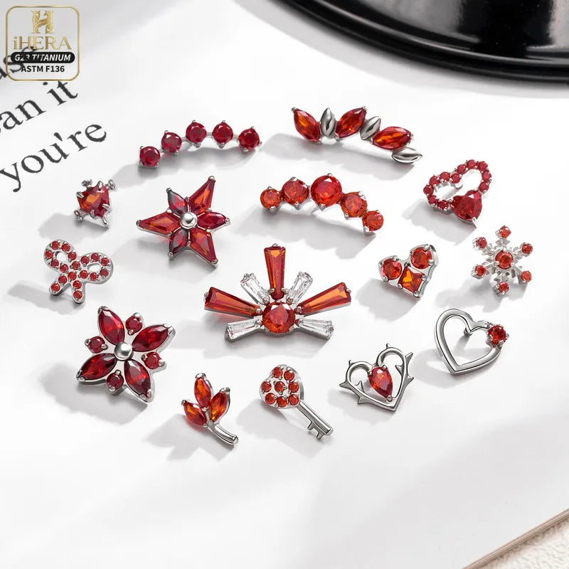 Titanium Body Jewelry Piercing Rings Set with CZ Heart Flower Key Studs