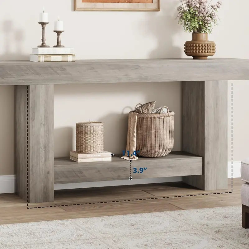 Farmhouse 63-Inch Console Table with H-Base, 2-Tier Entryway & Living Room Storage