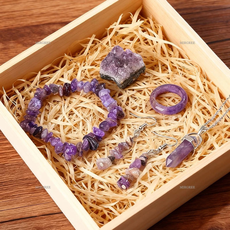 Natural Amethyst Jewelry Set - Bracelet Necklace Ring Earrings Healing Crystals