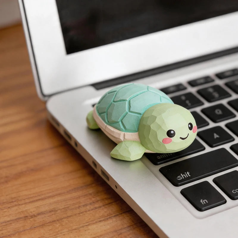 Hand Carved Wooden Turtle Figurine - Cute Green Tortoise Statue for Home Office Decor