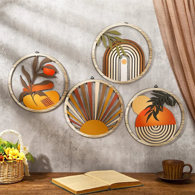 Set of 4 Wooden Bohemian Wall Decor Round Wall Hangings for Farmhouse & Garden