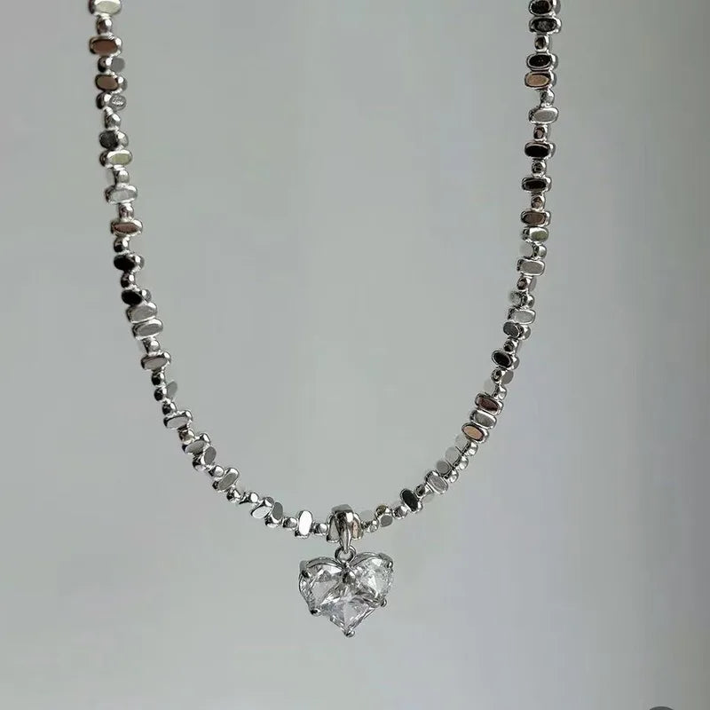 Exaggerated Irregular Beads Chain with Crystal Heart Pendant Necklace for Women Valentine's Gift
