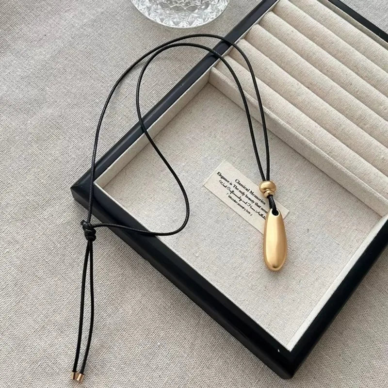 Geometric Metal Pendant Necklace for Women Long Rope Chain Black Water Drop Style