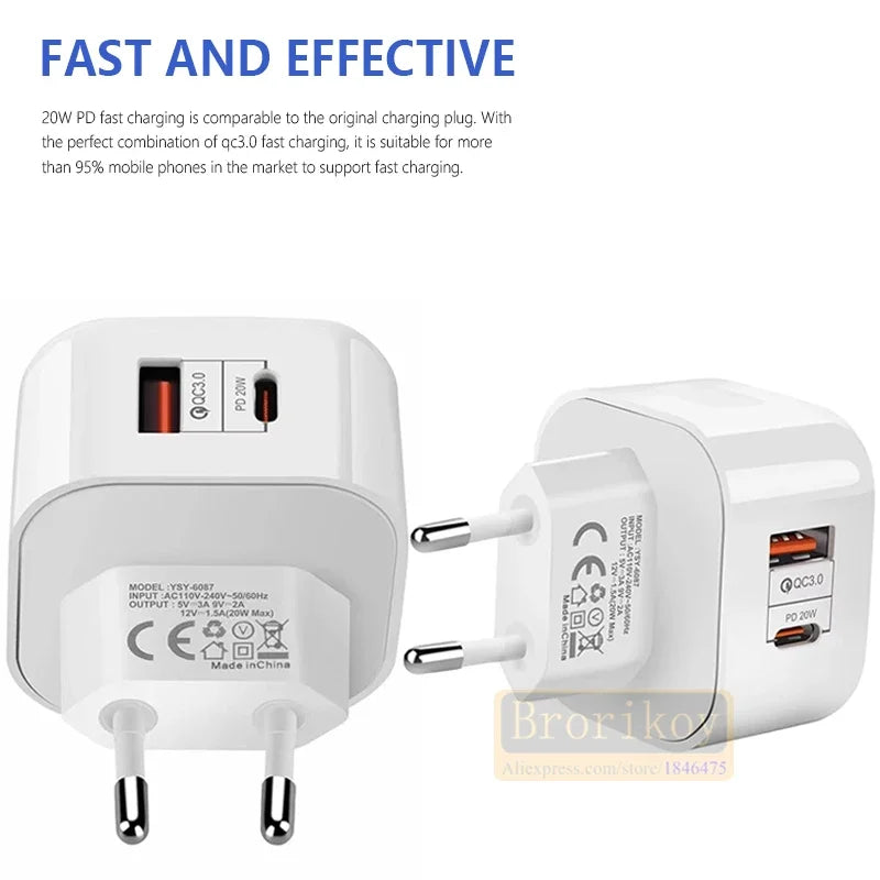 20W Fast Charging USB Wall Adapter with QC 3.0 & PD for iPhone & Samsung