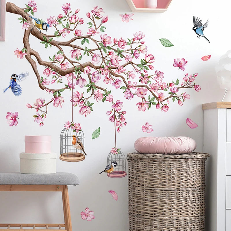 Pink Peach Blossom Bird Wall Decal - Self-Adhesive Art Sticker for Bedroom Living Room