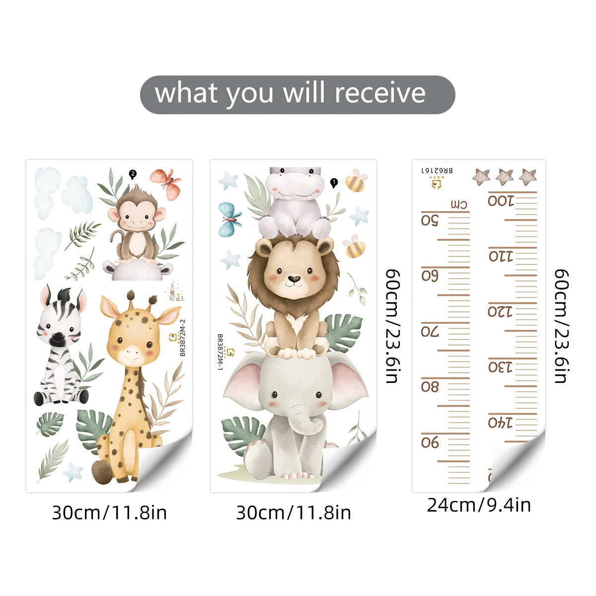 Children's Jungle Safari Growth Chart Sticker Removable Wall Decals for Nursery & Kids Room