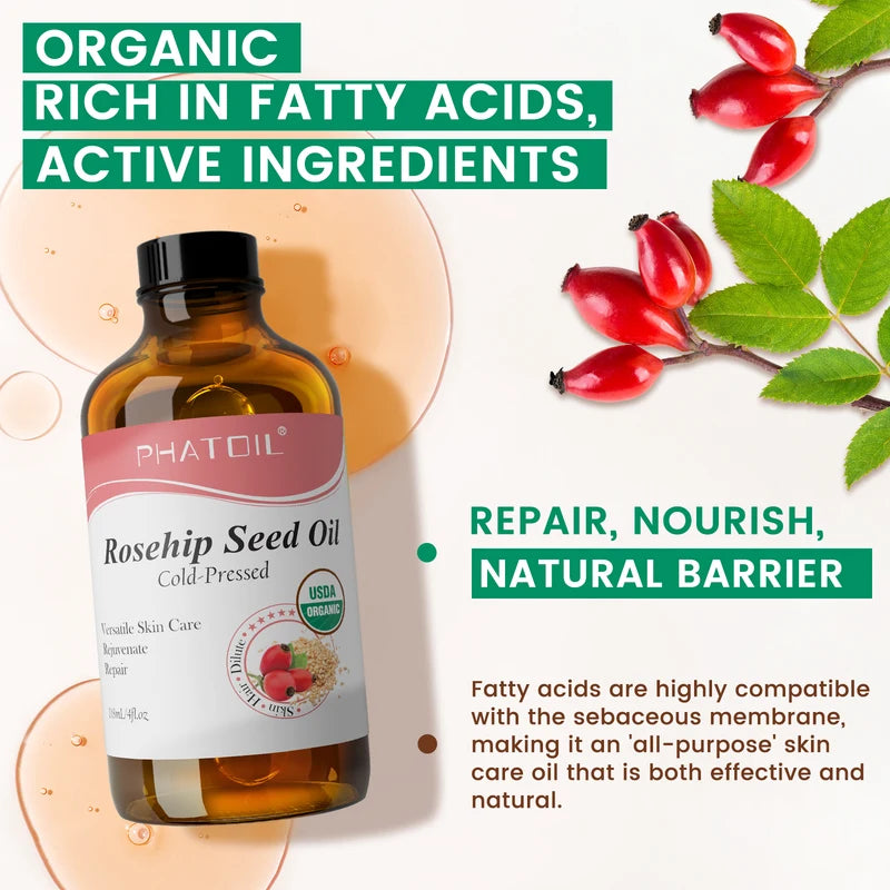 Organic Jojoba & Rosehip Seed Oil - Cold Pressed Moisturizer for Face Hair Nails