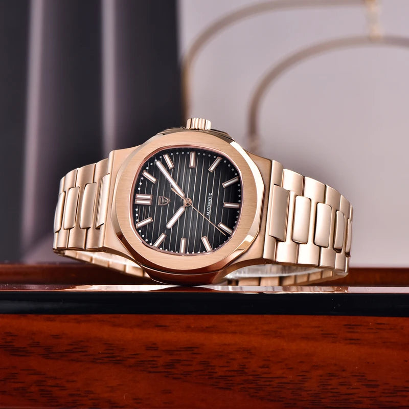 Luxury Automatic Men's Watch with Rose Gold Finish Waterproof Mechanical Wristwatch