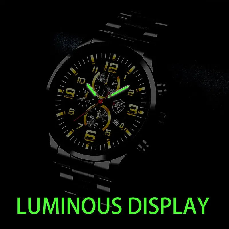 Men's Luxury Stainless Steel Quartz Sports Watch with Luminous Hands and Calendar
