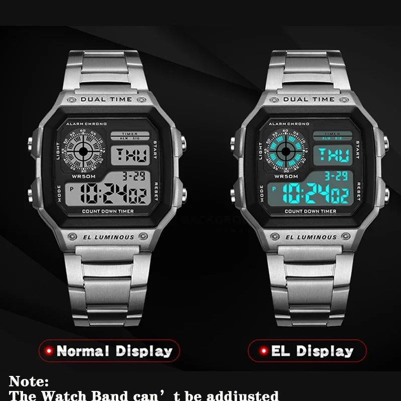 Men's Digital Sports Watch Waterproof LED Stainless Steel Strap Military Style