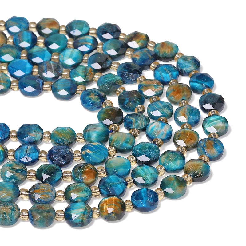 Natural Lake Blue Tiger Eye Beads Faceted Coin Shape Jewelry Making Supplies