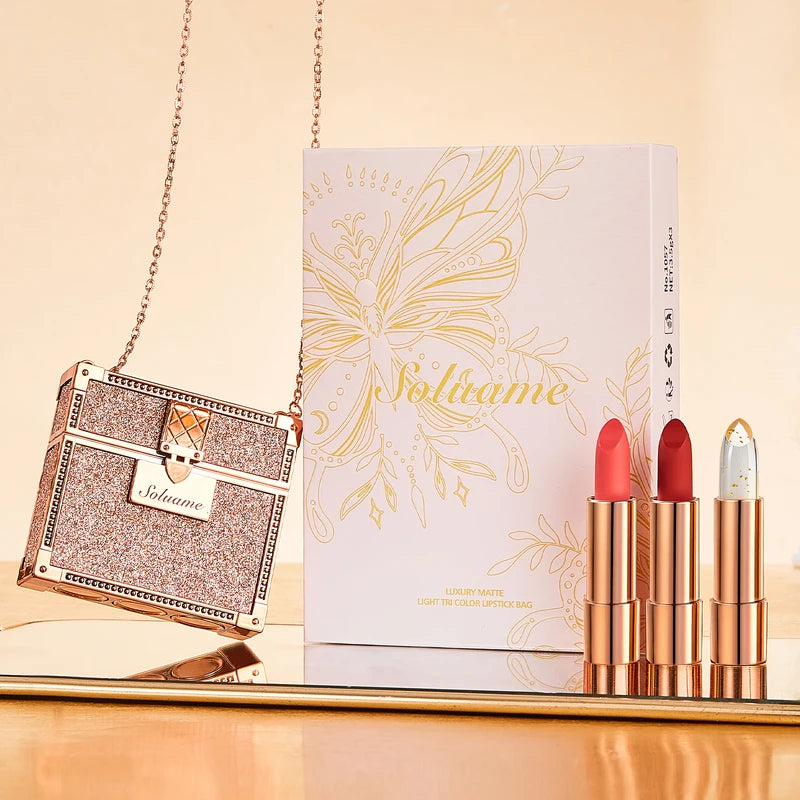 Matte Lipstick Set with Glitter Rose Gold Case - 3 Shades, Mirror & Chain, Gift Box