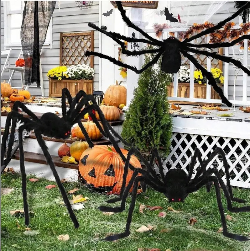 Giant Black Plush Halloween Spider Decor - Indoor Outdoor Haunted House Props