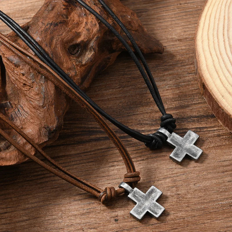 Women and Men Retro Woven Cross Pendant Necklace Rope Leather Chain