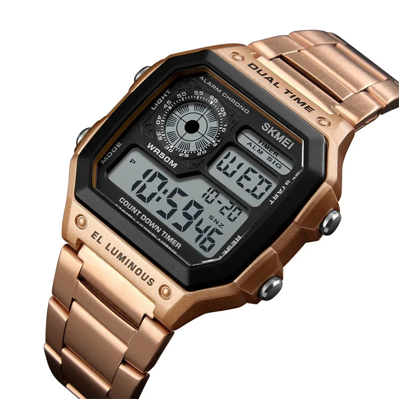 Digital Sports Watch Men Waterproof Dual Time Zone Stainless Steel Band