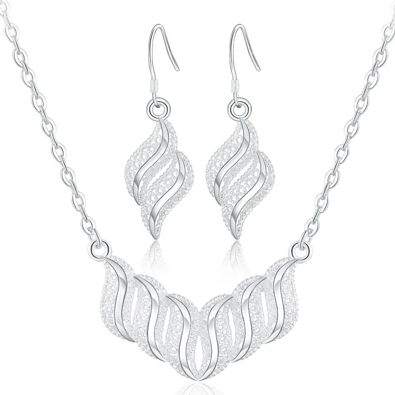 Sterling Silver Leaf Necklace and Earrings Jewelry Set for Women - Retro Elegant Design
