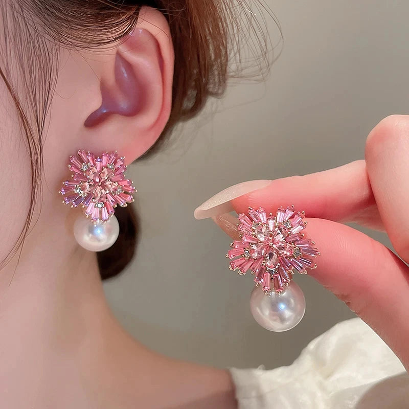 Light Luxury Imitation Pearl Earrings Women Jewelry Zircon Snowflake Studs for Party Wedding
