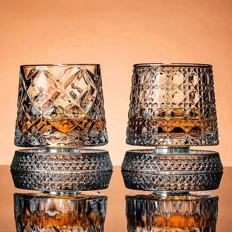 Rotating Whiskey Glass Set 2PCS with Glass Base 360° Spin for Cocktails & Rum