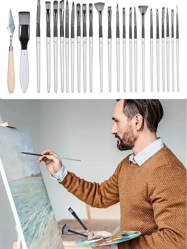 24-Piece Artist Paint Brush Set - Assorted Flat, Round, Fan & Detail Brushes with Soft Bristles