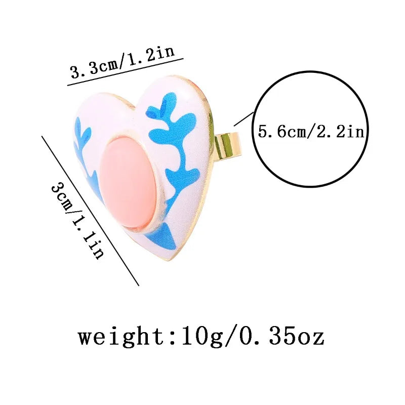 Retro Bohemian Floral Enamel Adjustable Ring Set - Heart Square Round Jewelry