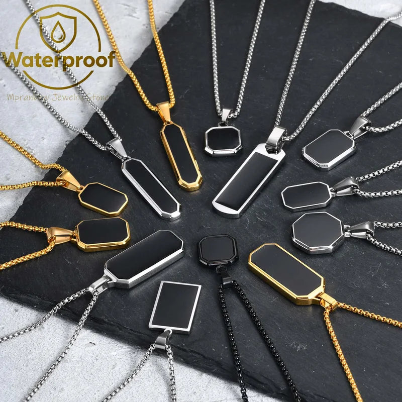 Men's Black Enamel Necklace with Geometric Square Dogtags - Stainless Steel, Anniversary Gift