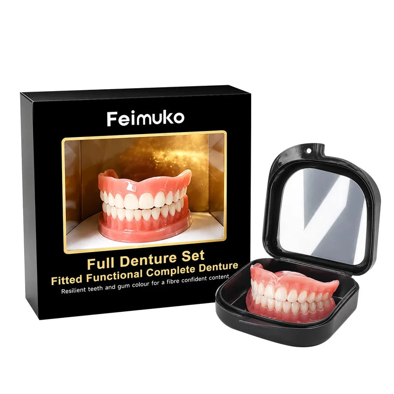 Full Denture Set Resin False Teeth with Mirror & Storage Box - Cosmetic & Temporary