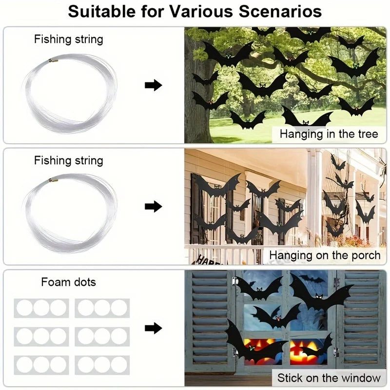 12pcs Hanging Halloween Bats Outdoor Decor Large Flying Plastic Bats for Trees Porches Lawns