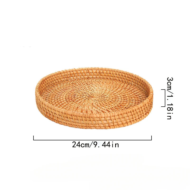 Hand-Woven Vietnam Rattan Round Tray Basket Japanese Style Bread Storage Organizer