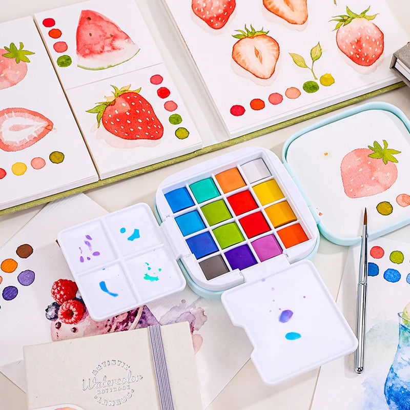 Mini Portable Watercolor Paint Set with Brush & Palette - 16 Colors for Travel Art