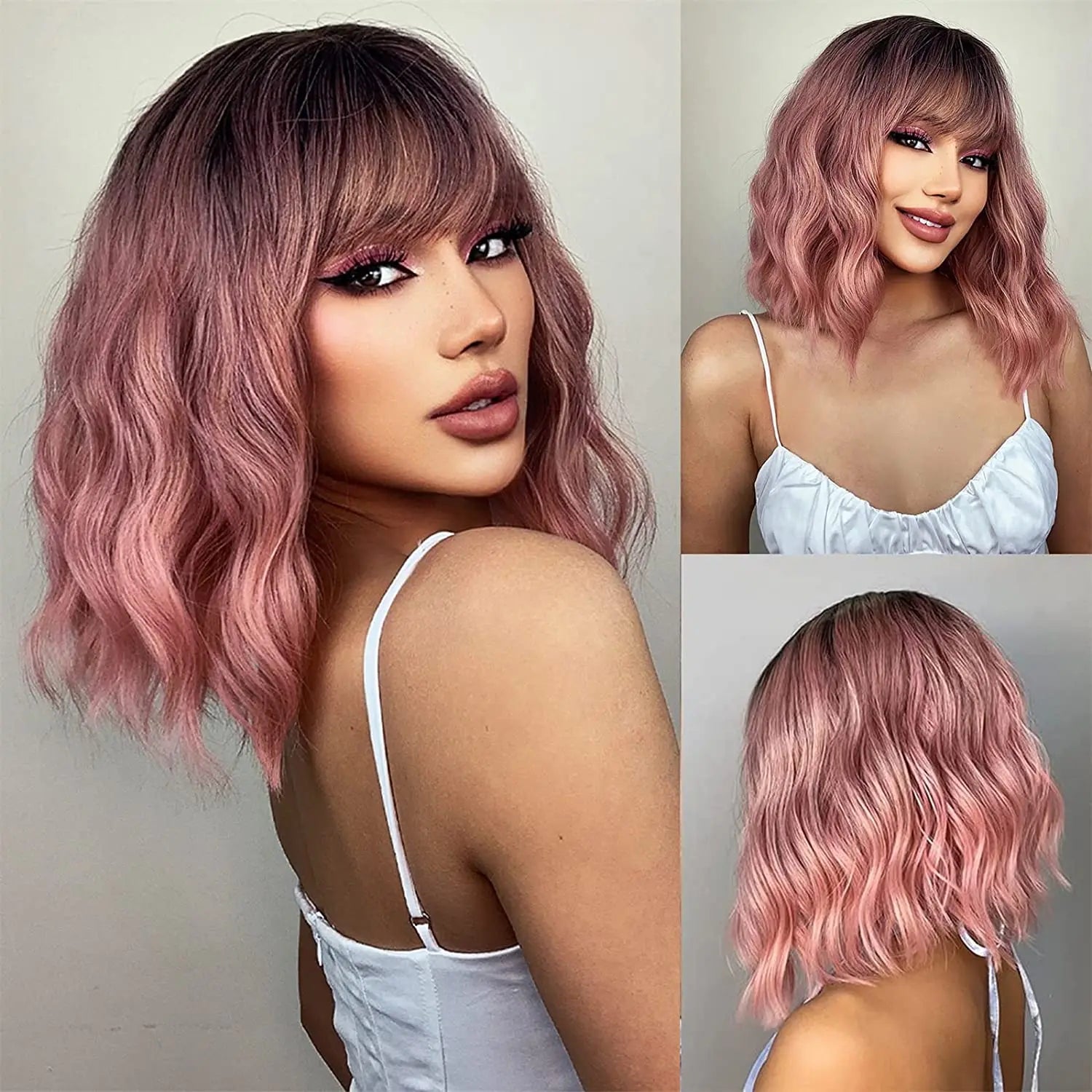 Short Wavy Honey Brown Copper Synthetic Wig with Bangs for Women - Heat-Resistant Cosplay & Daily Use