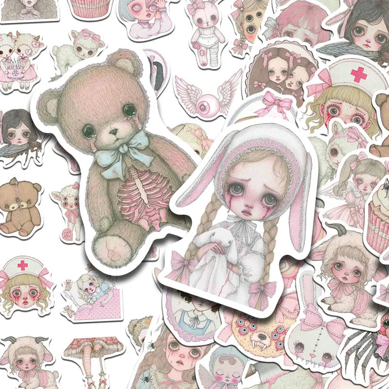 50pcs Pink Creepy Girl Sticker Set Waterproof Vinyl Decals for Laptop Skateboard Suitcase