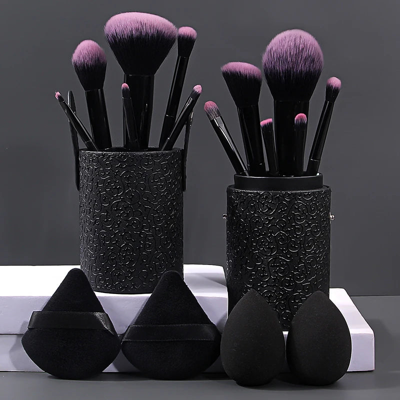 12-Piece Face Makeup Brush Set with Egg Sponge & Storage Bucket