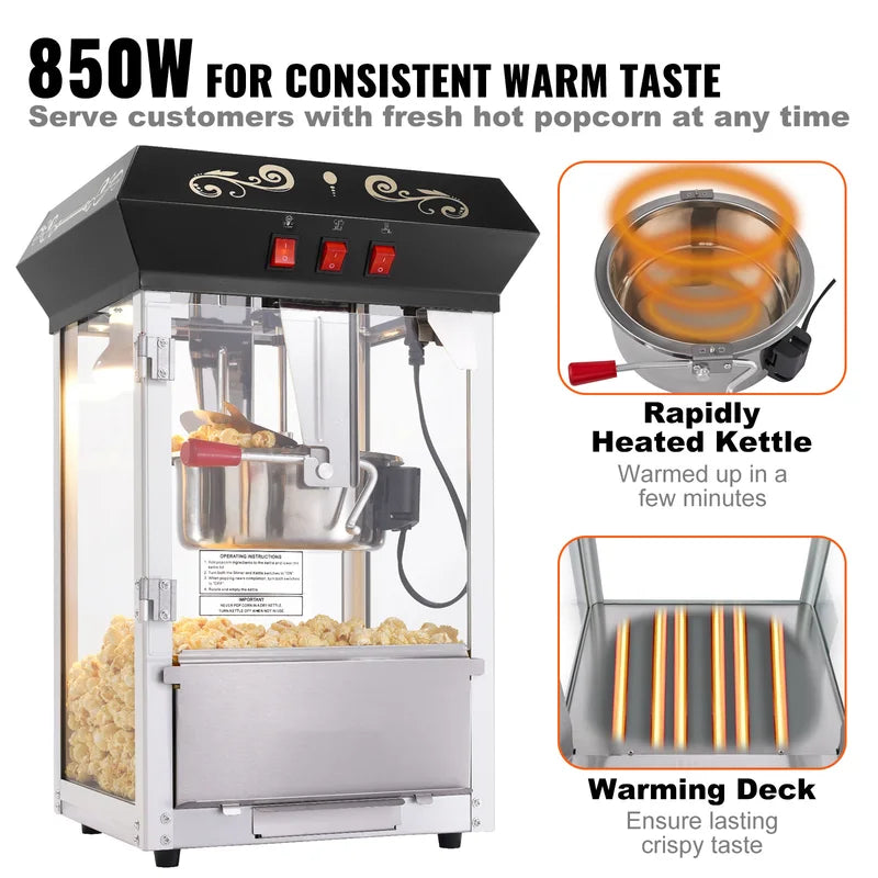 850W Commercial Popcorn Maker Machine 8 Oz Kettle for Theater & Events